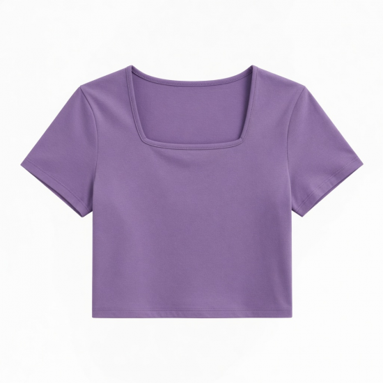 Fengway T-shirts Tee Top Square Collar Crop Tops Solid Color Short Sleeve T-Shirt for