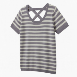 Fashion Comfortable Skin Friendly Knitted Lady Stripe T-shirt Wide Shoulder Strap Cross Shaped Top Lower