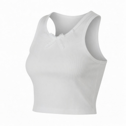 Summer Vest White Cotton Ribbed Crop Tank Top Breathable Sleeveless Racerback Bow Collar Lace Feather Crop