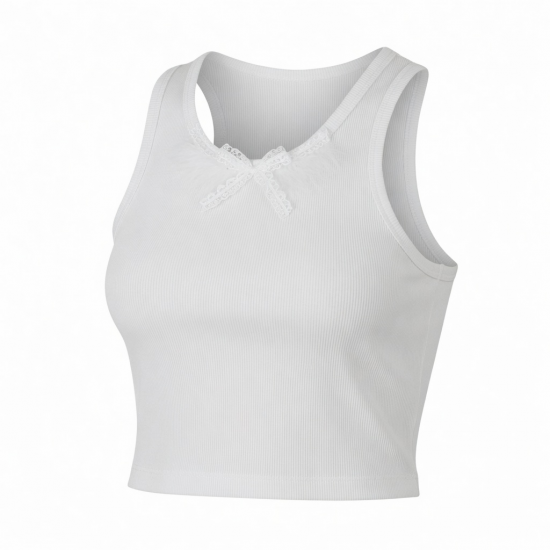 Summer Vest White Cotton Ribbed Crop Tank Top Breathable Sleeveless Racerback Bow Collar Lace Feather Crop