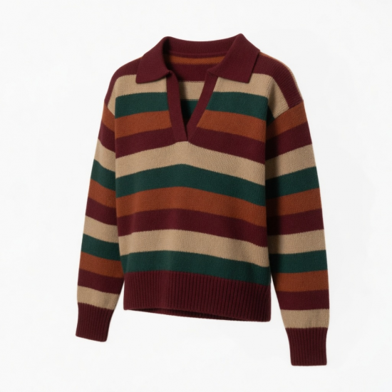 Autumn Retro Polo V-Neck Striped Color-blocking Long-Sleeved Short-Length Pullover Top Knitted for Woman