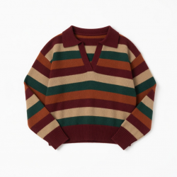 Autumn Retro Polo V-Neck Striped Color-blocking Long-Sleeved Short-Length Pullover Top Knitted for Woman