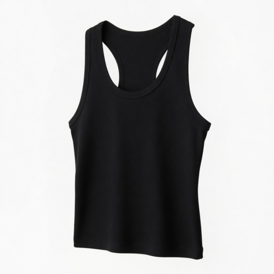 Summer Fitness Tank Tops Breathable Knitted Ribbed Casual Short Length Black Color