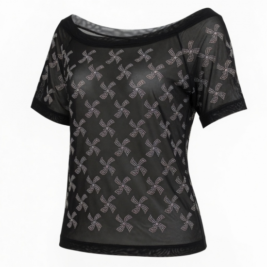 Shiny Rhinestone Off Shoulder Tops Windmill Pattern Mesh Tee Tops Nightclub Short Sleeve Shirts for Lowest
