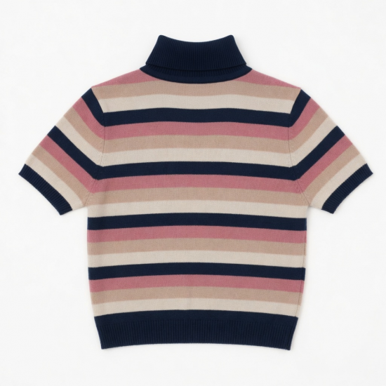 Half Turtleneck Striped Short Sleeve Crop Top Slim Fit Soft Breathable Knitted Blouse Casual Wear Multi-Color