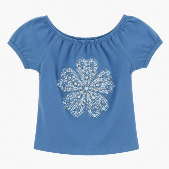 Supply Tops Blue Rhinestone Flower Tee Tops Girls Short Sleeve Off Shoulder Shirts