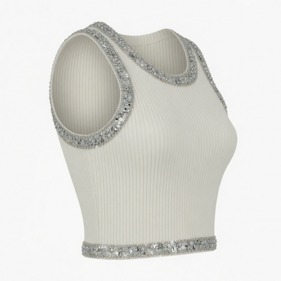 Summer Sleeve Top Rib Vest Stretch Rib Knitted Beaded Shirt Handmade Rhinestone Sequin Trim Short Tank Tops