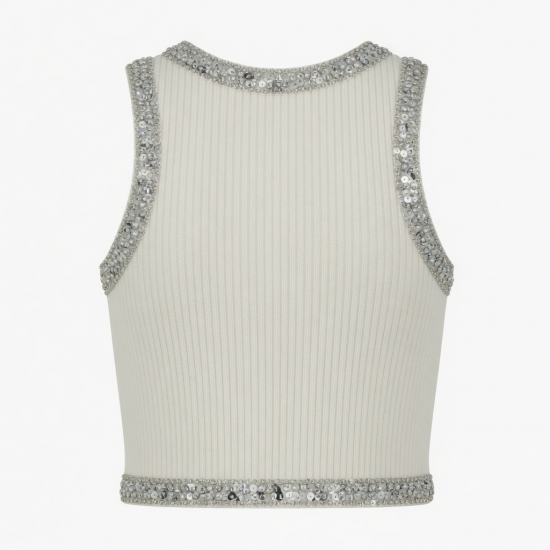 Summer Sleeve Top Rib Vest Stretch Rib Knitted Beaded Shirt Handmade Rhinestone Sequin Trim Short Tank Tops