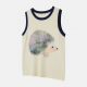 Sleeveless Knit Top Crew Neck Contrast Trim Watercolor Hedgehog Print Loose Soft All-Season Daily Elegant