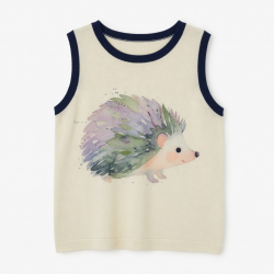 Sleeveless Knit Top Crew Neck Contrast Trim Watercolor Hedgehog Print Loose Soft All-Season Daily Elegant