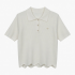 Ribbed Knit Polo Shirt with Pearl Detail, Scalloped Hem Short Sleeve Top