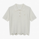 Ribbed Knit Polo Shirt with Pearl Detail, Scalloped Hem Short Sleeve Top
