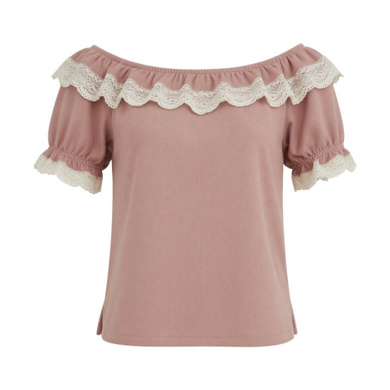 Solid Color Knit Top with Lace Ruffle Off-Shoulder Neckline, Short Sleeve Blouse